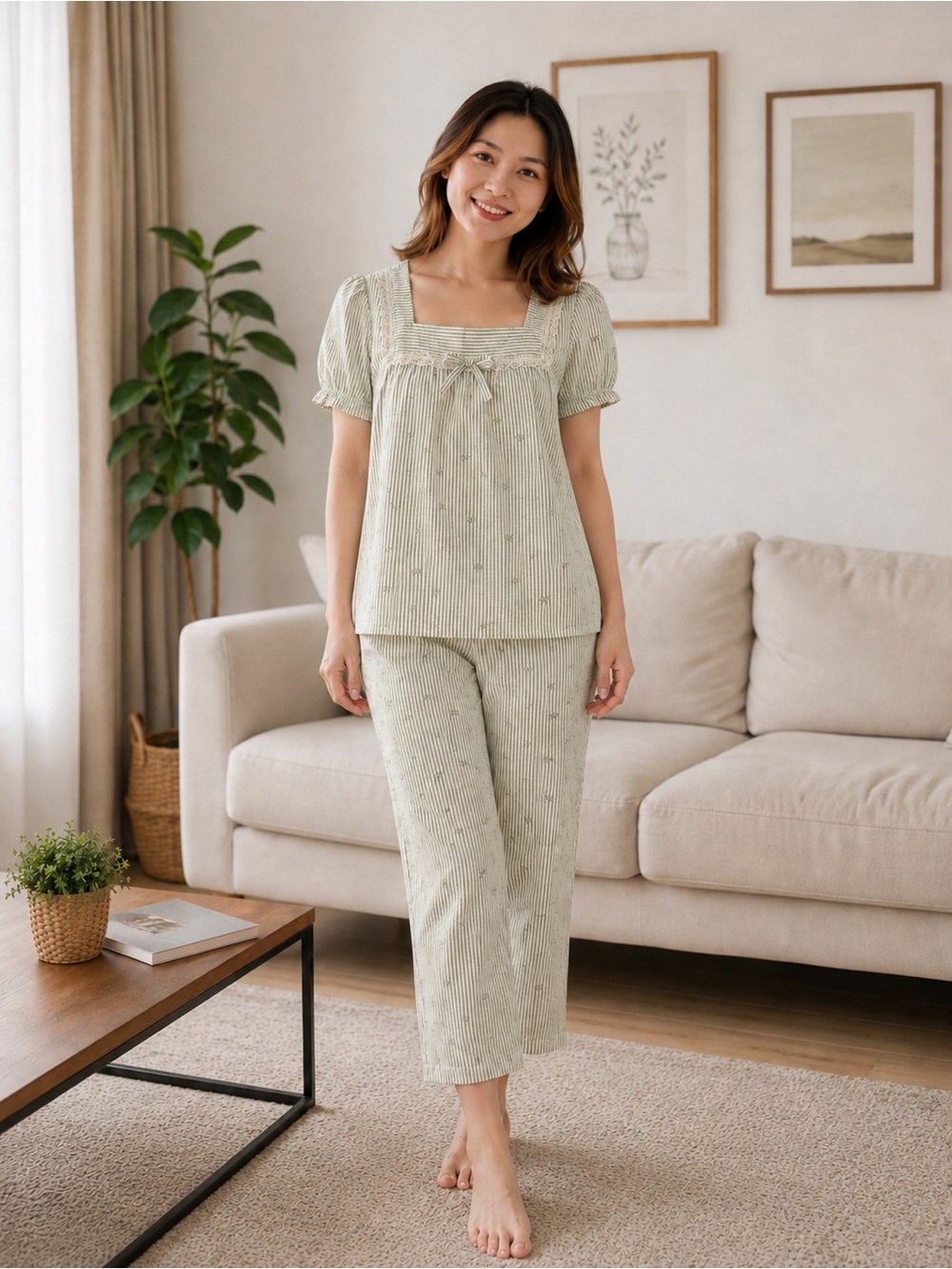 Relaxed Sage Green Mango Pajama Set with Square Neck